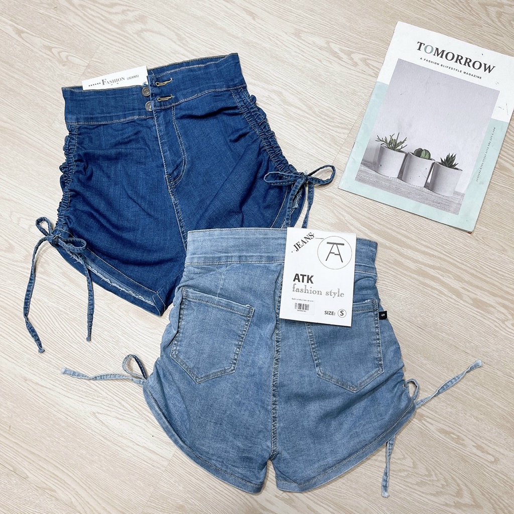 Quần short jean nữ chất denim lưng cao dây rút bên hông co giãn thời trang hè
