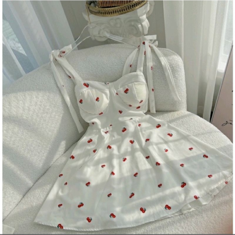 Đầm 2S họa tiết cherry nhí kèm áo khoác gân phong cách Hàn Quốc