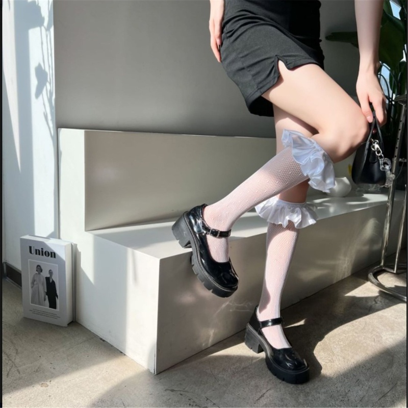 Youyo Tất Lưới Chấm Bi Phối Bèo Satin Phong Cách Lolita Nhật Bản Dễ Thương Cho Nữ