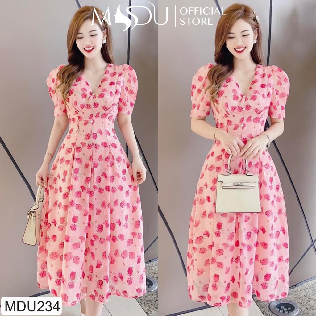 Đầm nữ dáng dài tay bồng cổ V họa tiết hoa hồng MDU234 - THỜI TRANG THIẾT KẾ MDU