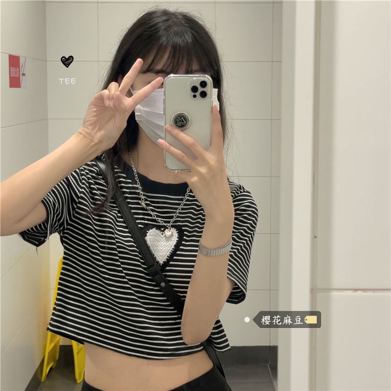 Áo Thun Ngắn Tay Kẻ Sọc Thêu Hình Trái Tim JL-TX-328