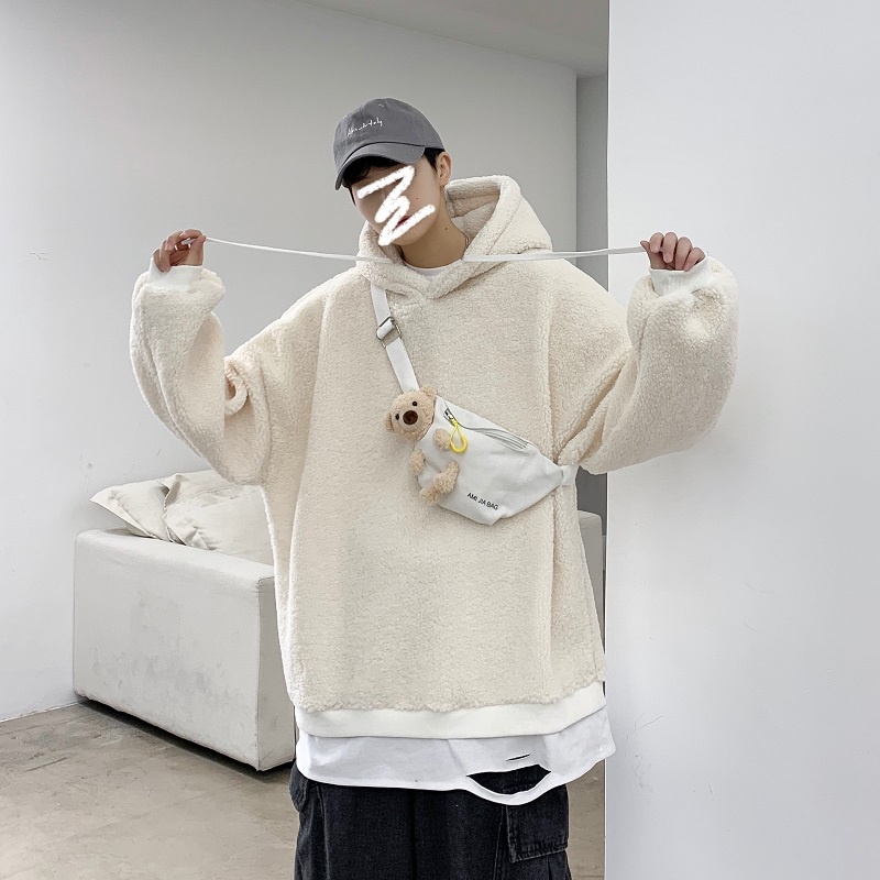 Áo khoác hoodie len lông cừu dáng rộng thời trang mùa đông cho nam giới