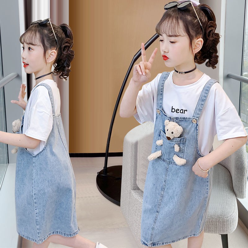 Set Áo Thun Ngắn Tay + Đầm Yếm denim Thời Trang Hàn Quốc Cho Bé Gái