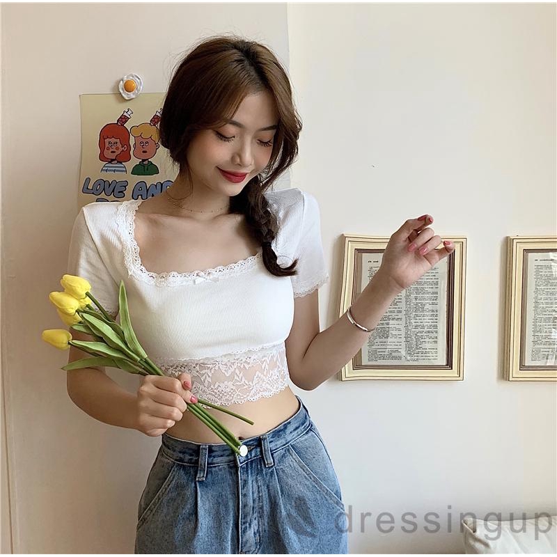 Áo crop top ngắn tay cổ vuông phối ren lưới thời trang cá tính dành cho nữ