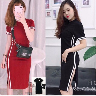 Đầm Body Xẻ Tà viền sọc dễ thương