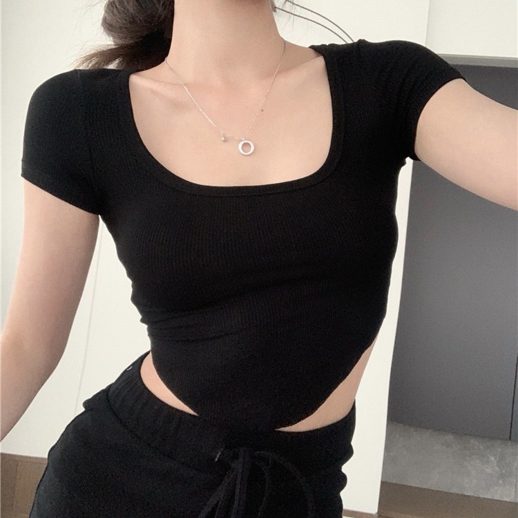 Áo Croptop Nữ Gân Tăm, Tay Ngắn Vạt Bầu - Tharo Clothing