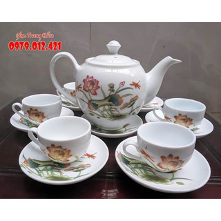 Bộ ấm chén Bát Tràng họa tiết chuồn sen