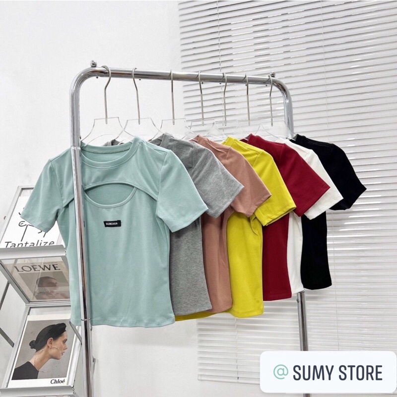 Áo kiểu dáng ôm khoét ngực nữ,áo thun kiểu hở ngực  may lô gô chất bozip mềm mịn