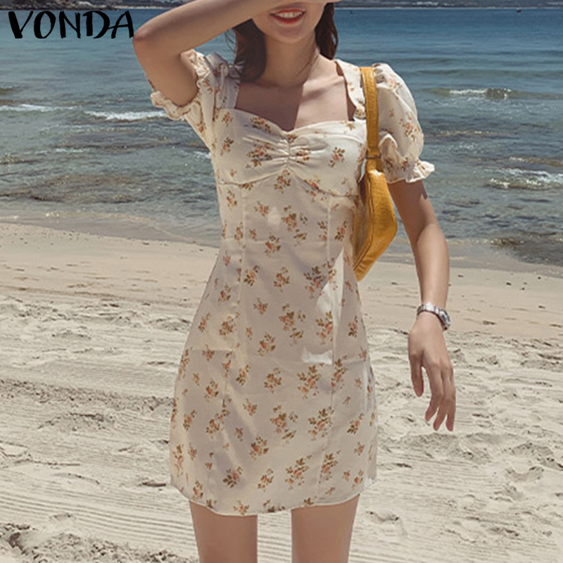 VONDA Women Korean Casual Square Neck Short Sleeve Floral Sexy Short Dress | BigBuy360 - bigbuy360.vn