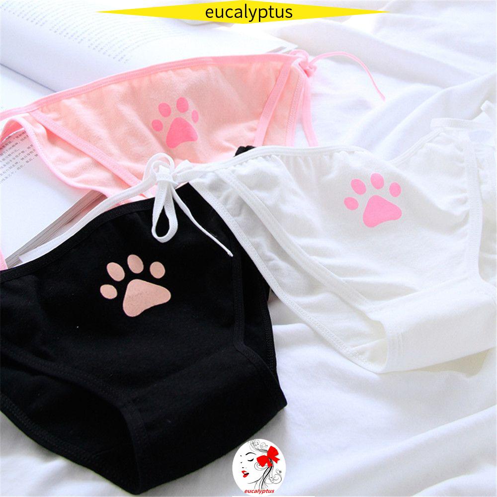 Quần Lót Cotton Lưng Thấp Thoáng Khí Có Dây Điều Chỉnh In Hình Dấu Chân Mèo Phong Cách Nhật Bản Thời Trang Cho Nữ