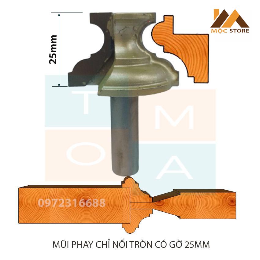 MŨI SOI GỖ - MŨI PHAY GỖ ĐÁNH CHỈ NỔI TRÒN CÓ GỜ 25MM CỐT 12.7MM - HÀNG VIỆT NAM CHẤT LƯỢNG CAO