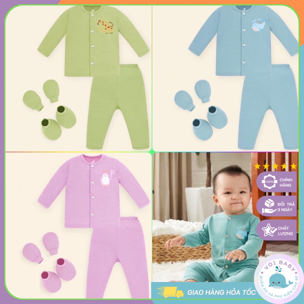 [FAFRINW05 giảm tối đa 30k đơn 150k]Bộ sơ sinh dài tay Lullaby cài giữa vân thoáng mỏng cotton, quần áo sơ sinh NH68B