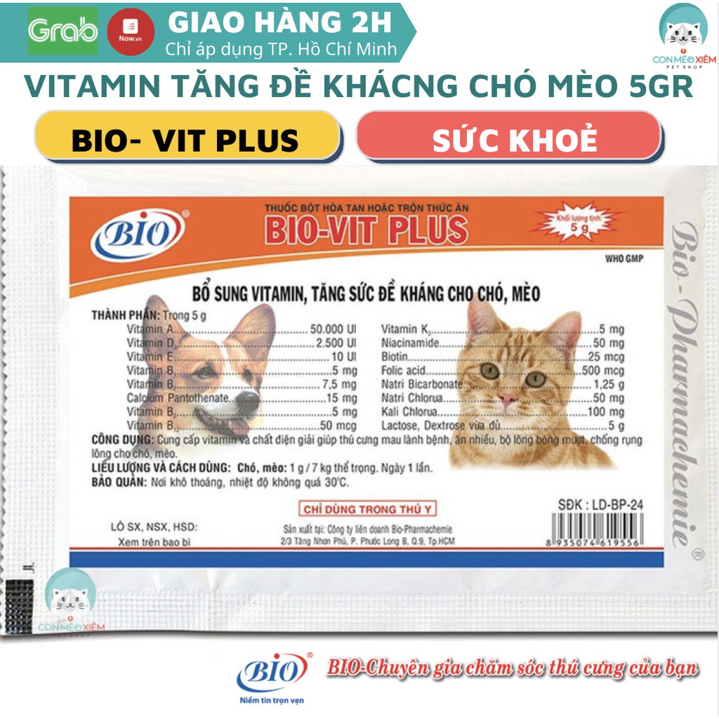 Tăng sức khoẻ đề kháng cho chó mèo Bio Vit Plus 5g bổ sung chất cho cún mèo con lớn nhỏ Con Mèo Xiêm