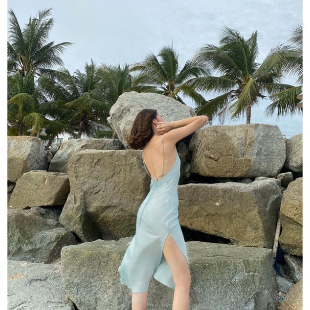 [Mã 44FASHIONSALE408 giảm 10K đơn 50K] Đầm maxi 2 dây lụa satin dây lưng sexy quyến rũ form dài xẻ tà đi biển | BigBuy360 - bigbuy360.vn