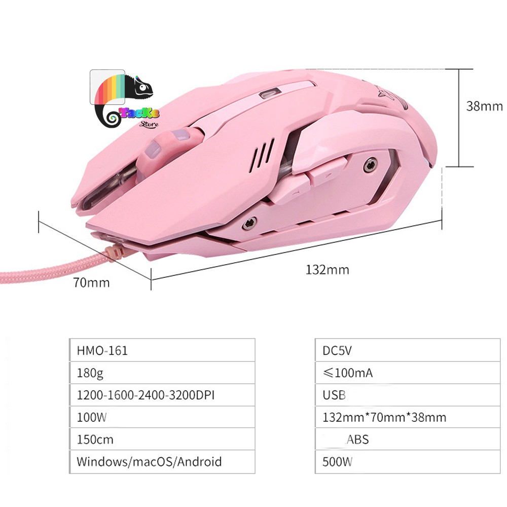 Chuột Game thủ màu Hồng có LED dễ thương HMO-161 Chuyên game I Gaming Mouse Pink Color Cute, silent click