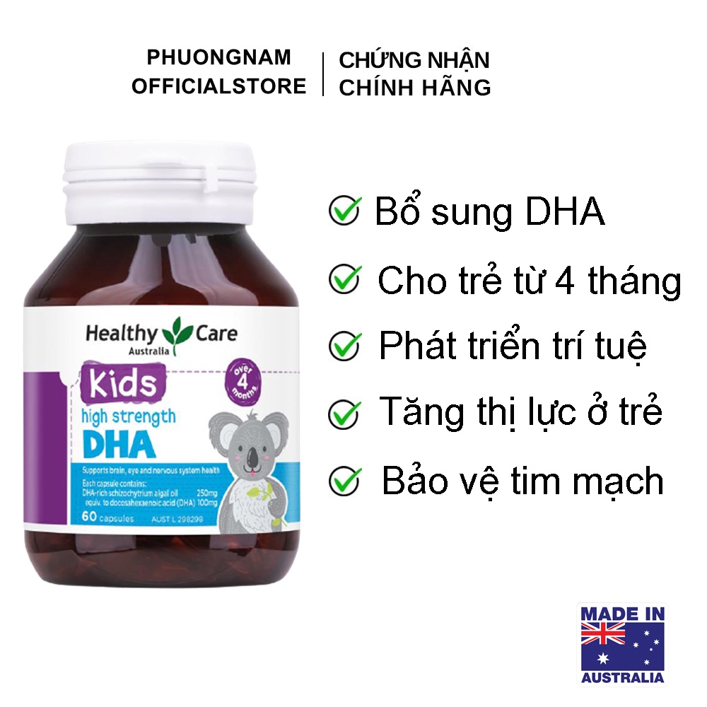 Viên uống DHA (60v) bổ sung omega-3 cho trí não bé từ 4 tháng tuối Healthy Care Kids High Strength DHA, Úc