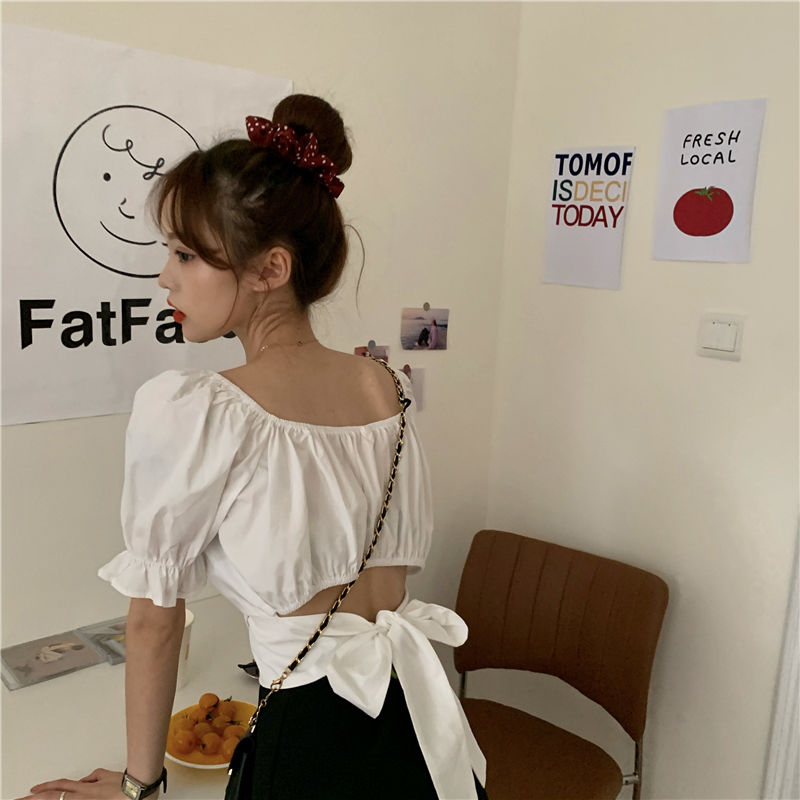 Áo sơ mi kiểu croptop tay ngắn kiểu cổ vuông hở lưng thời trang trẻ trung cho bạn gái