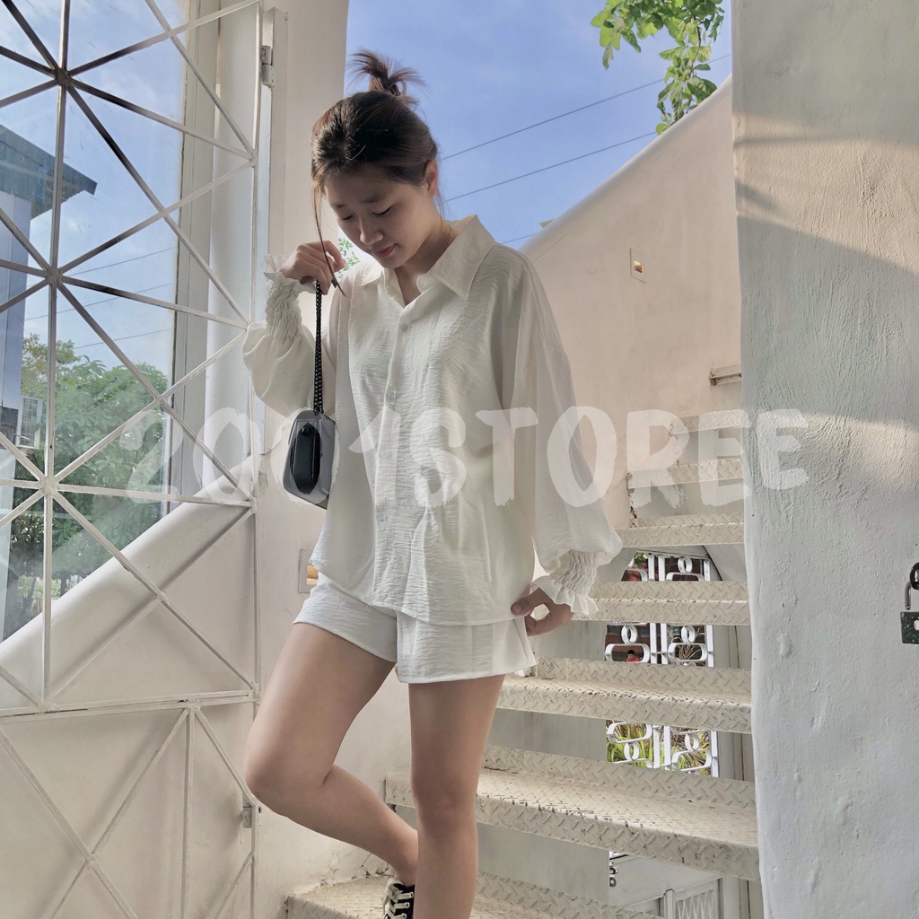 Set đồ nữ, Set áo sơ mi đũi trắng đuôi tôm mix quần đùi trắng bao đẹp[Ảnh thật]