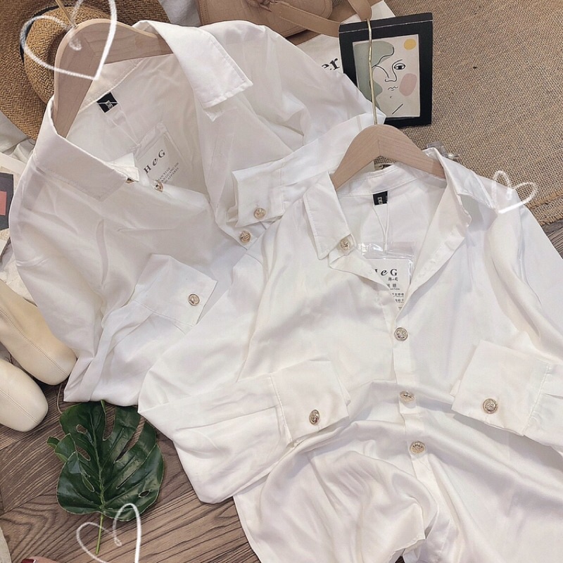 Áo sơmi lụa trắng tay dài khuy vàng