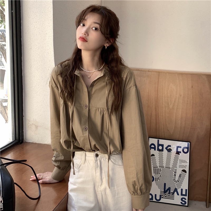 Áo sơ mi dài tay thắt dây phong cách retro thanh lịch 46717