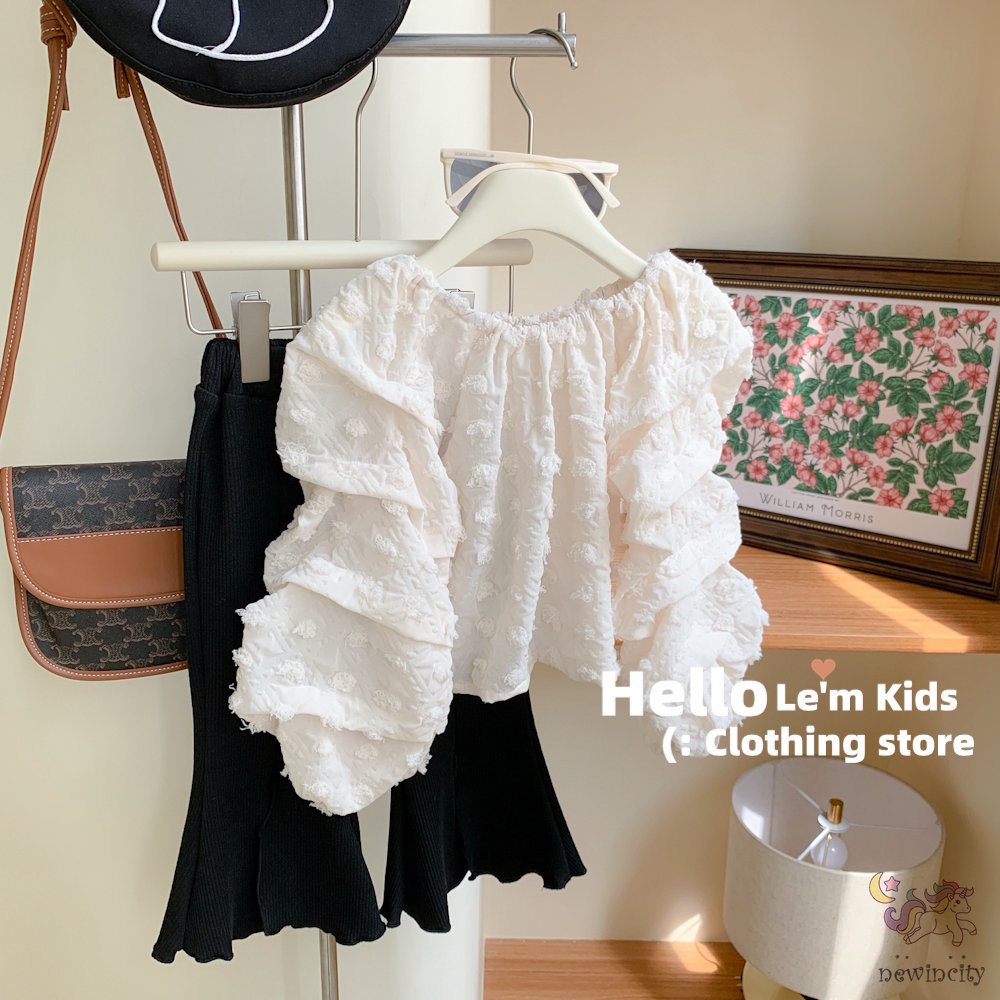 Bộ Áo Tay Phồng + Quần Ống Loe Lưng Cao Thời Trang Mùa Thu Hàn Quốc Cho Bé Gái