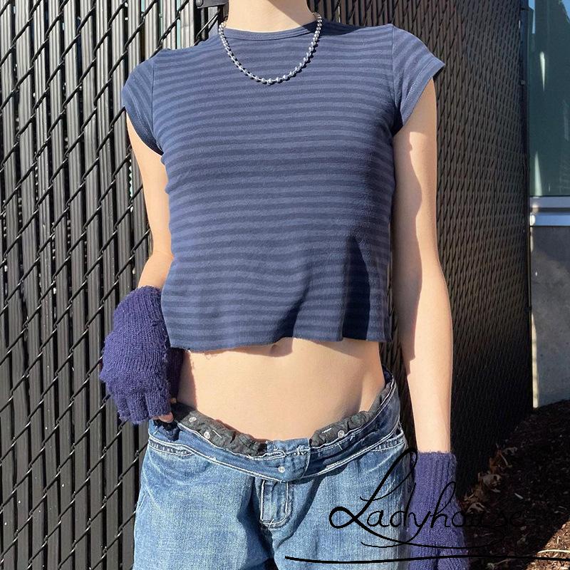 Áo Thun Crop Top Cổ Tròn Tay Ngắn Họa Tiết Kẻ Sọc Thời Trang Mùa Hè Cho Nữ