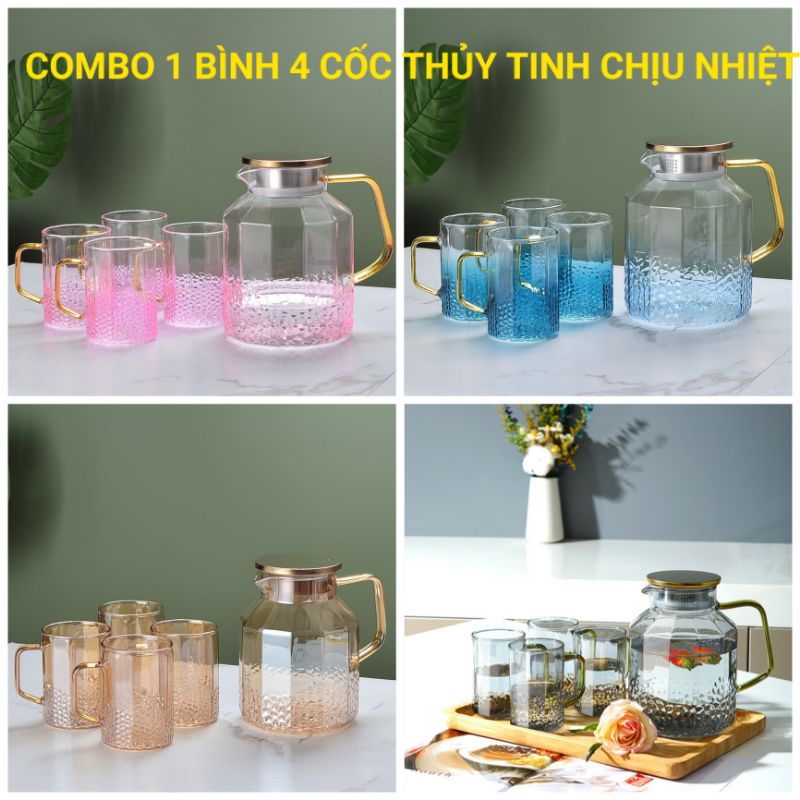 Combo 1 bình 4 cốc thủy tinh brosilicate chịu nhiệt dung tích lớn 1.8L
