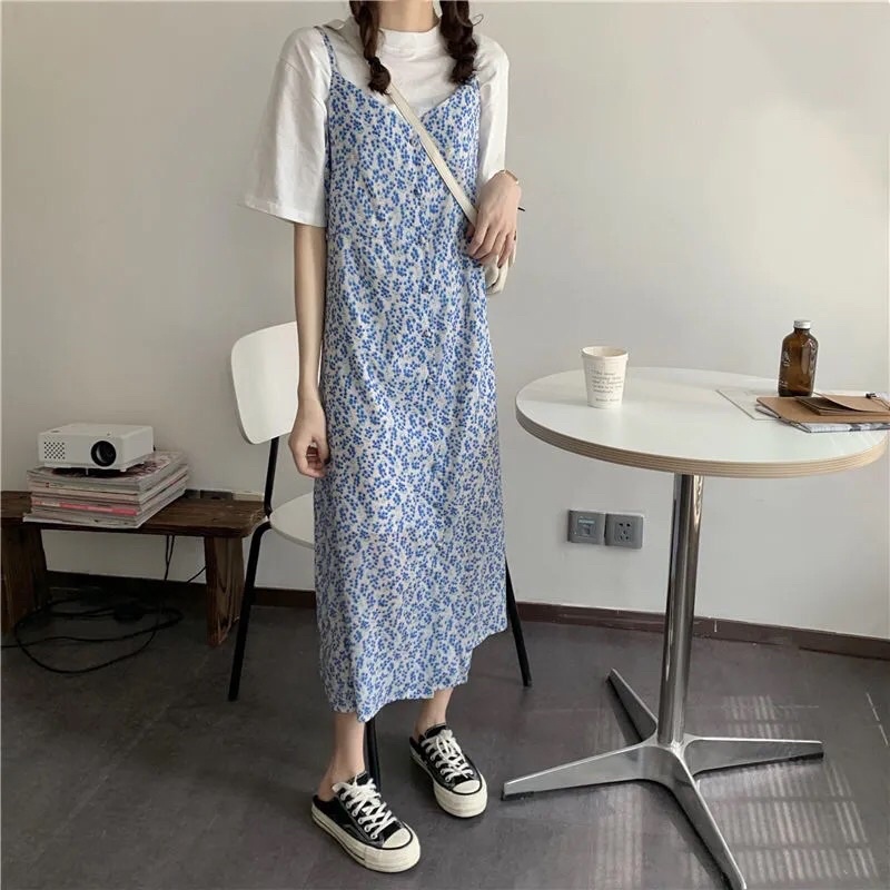 Set Áo Trắng + Váy Maxi Hai Dây Xanh Hoa Nhí Ulzzang Nữ M31