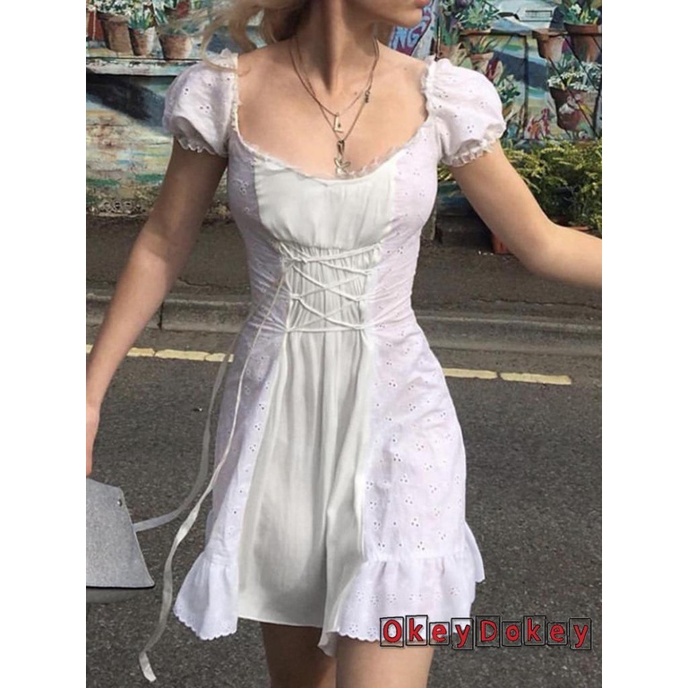 Đầm Tay Ngắn Cổ Tròn Đan Chéo In Họa Tiết Hoa Thời Trang Xinh Xắn Cho Nữ