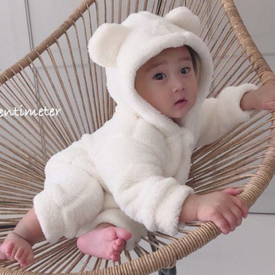 Bộ Áo Liền Quần Cotton Tay Dài Có Mũ Trùm Thời Trang Mùa Đông Cho Bé Sơ Sinh