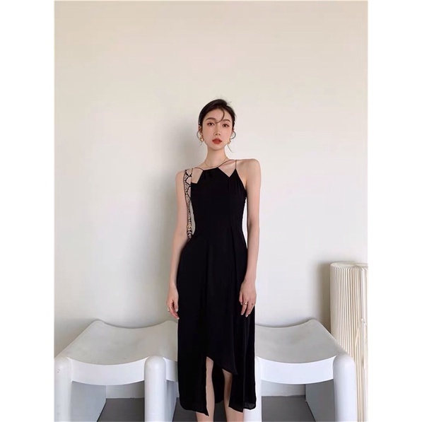 Sẵn S - Váy đen phong cách Hepburn xẻ giữa dài gợi cảm