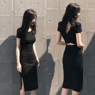 Đầm ôm body tay ngắn cổ sau đắp chéo hở lưng TF - 849