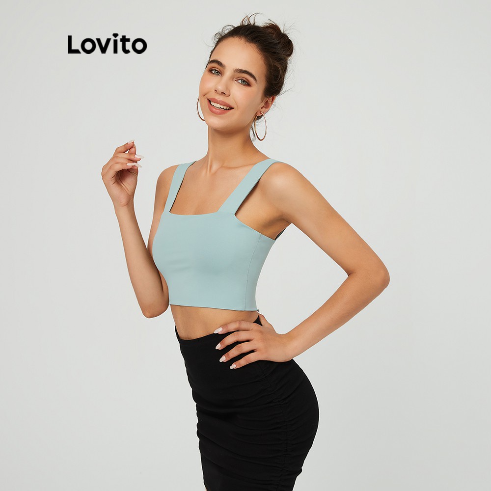 Áo hai dây Lovito màu trơn cổ vuông thời trang L03020 (màu xanh lá/ Đen / Trắng)