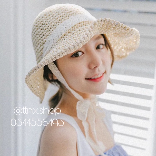 Mũ cói vành mềm buộc nơ ren
