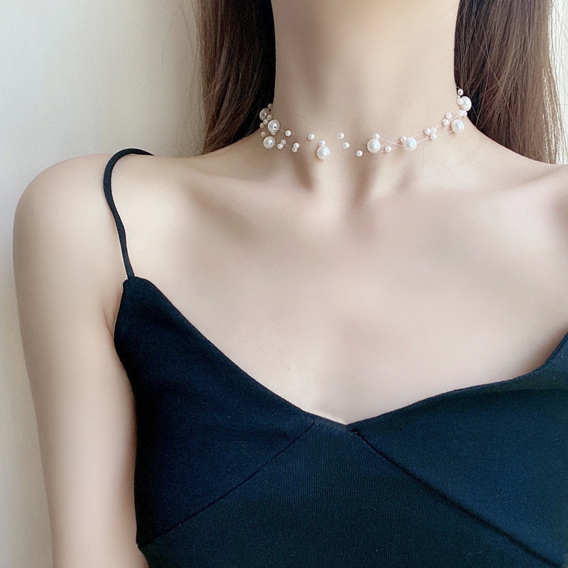 Vòng Cổ Choker Dây Trong Suốt Đính Hạt Ngọc Trai Đơn Giản Thời Trang