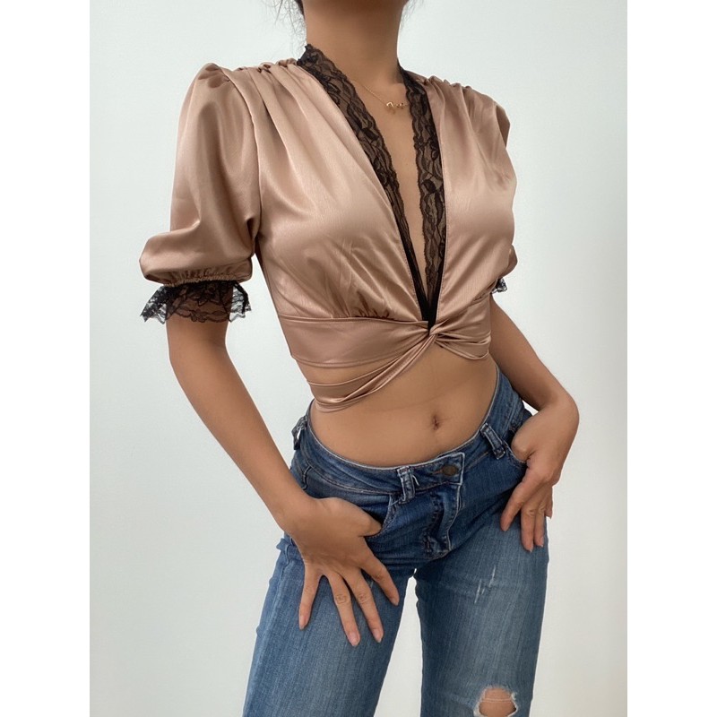 Áo lụa phối ren cột nơ