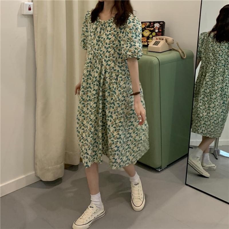 Đầm babydoll midi hoa xanh tối giản suông rộng