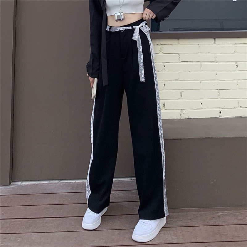 Quần dài lưng cao dáng rộng phối ren thiết kế trẻ trung cho nữ