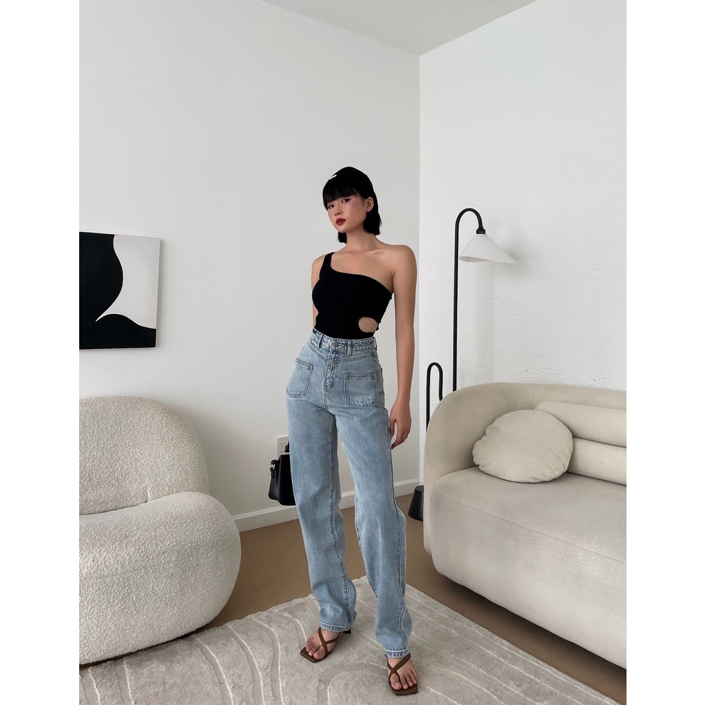 Quần jeans nữ ống rộng CHICMONKI lưng cao túi ốp phom cực đẹp màu xanh đậm CMJ1159 | BigBuy360 - bigbuy360.vn