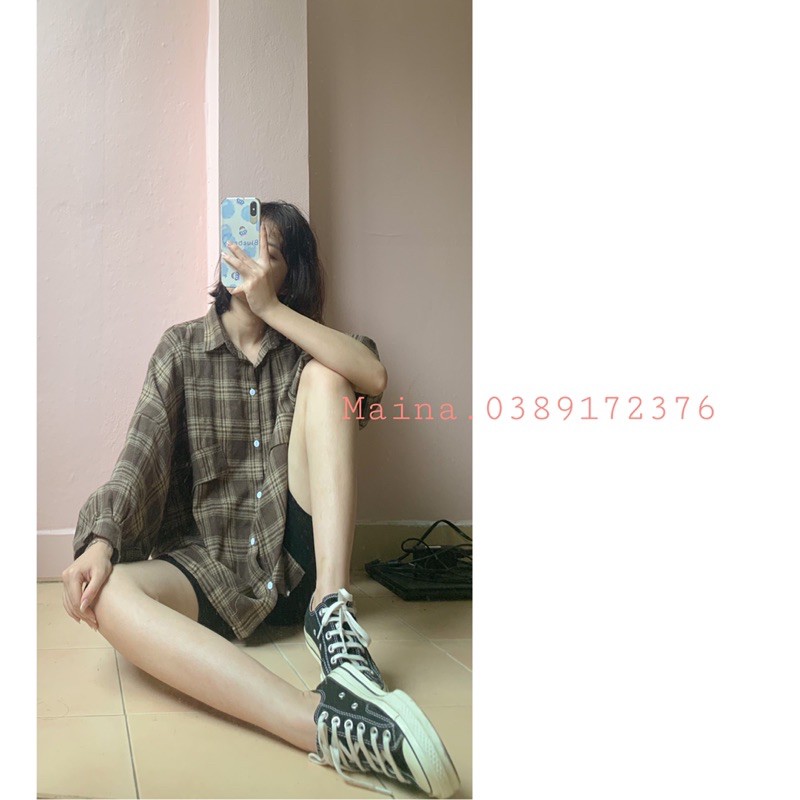 [ẢNH THẬT/ SẴN] Áo sơ mi kẻ basic tay bồng năng động trẻ trung ulzzang QC