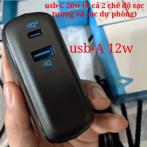 Củ Sạc Kiêm Pin Dự Phòng Anker 10.000mAh - A1623, Sạc Nhanh PD 20W Cho iPhone,iPad,QC 3.0