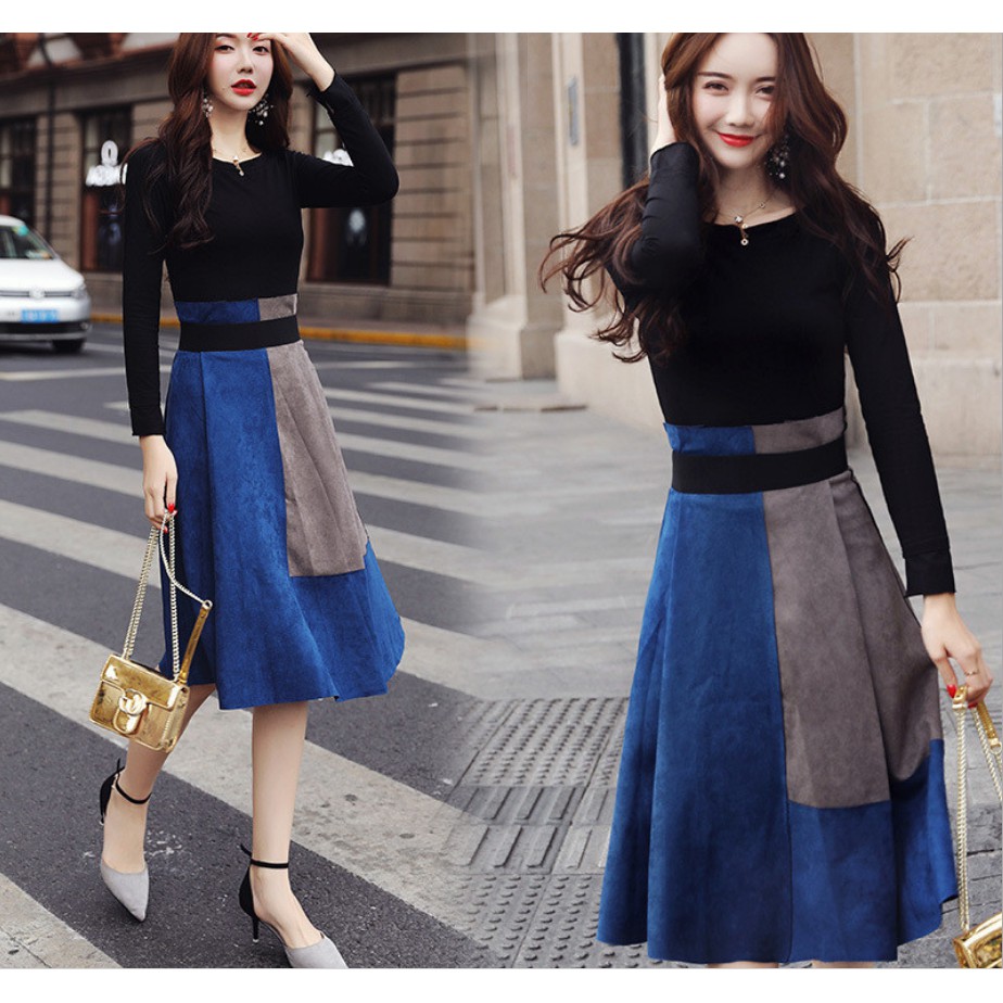 Chân váy da lộn siêu chất kèm áo phong cách Hàn Quốc