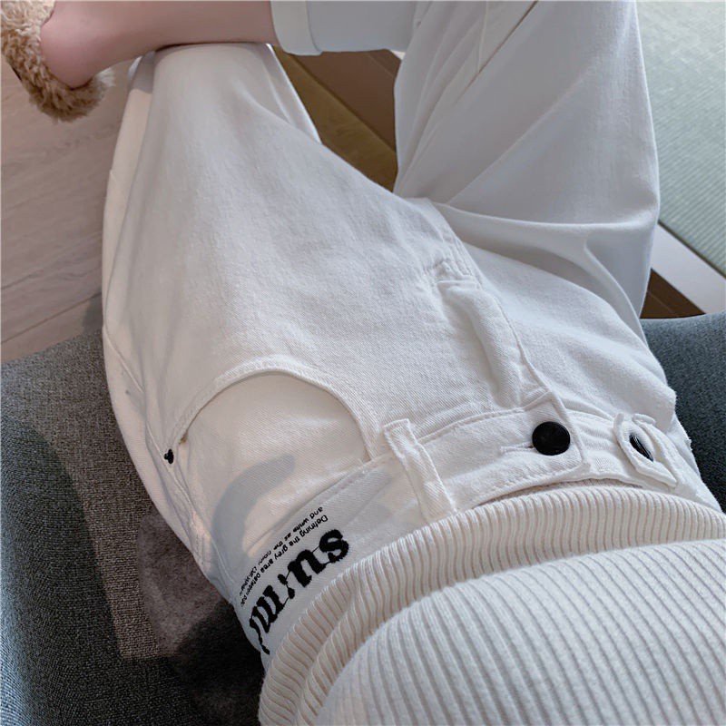 Pants White Jeans ins-Style Temperament Jeans High-Waist Was Thin -Loose-Fit Large Size Harem Pants Thin