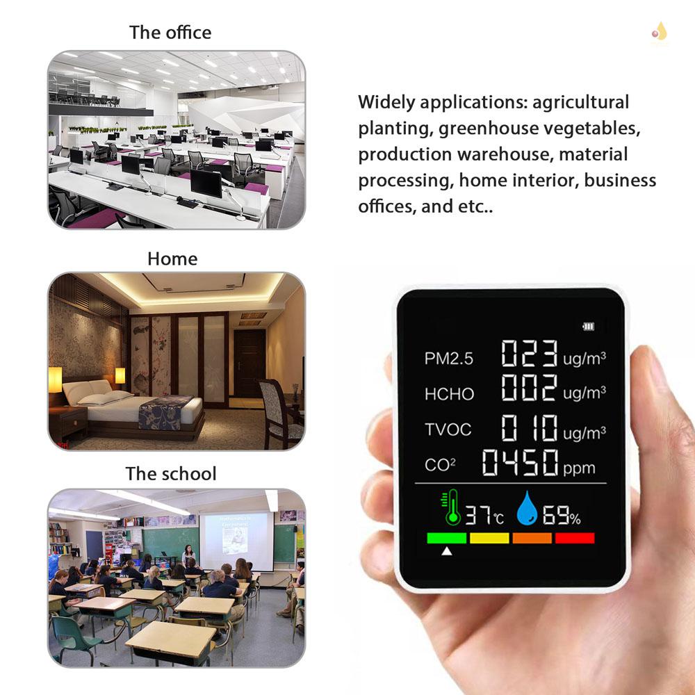 Thiết Bị Kiểm Tra Chất Lượng Khí CO2 Đa Năng PM2.5 TVOC HCHO Có Màn Hình LCD Hiển Thị Nhiệt Độ Độ Ẩm