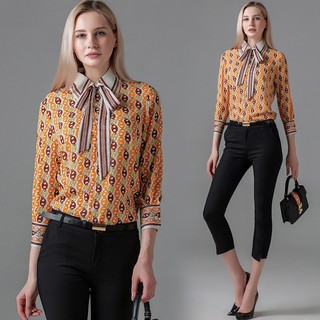 Women Long Sleeve Bow tie Floral Chiffon Shirts 2020 Ladies Spring Summer Elegant Office Slim Blouse