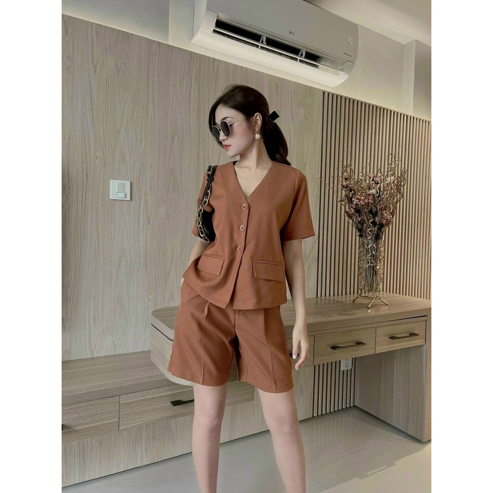 [8.8 Sales Freeship] Set bộ vest đũi cổ v tay ngắn phối túi, set bộ lửng tàu thời trang nữ công sở thanh lịch