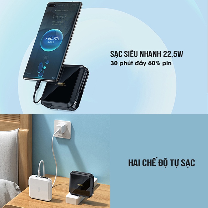 Aki shop Cốc sạc nhanh kiêm pin sạc dự phòng đa năng Remax RPP-276 15000mAh tích hợp cáp sạc type C và iphone decor