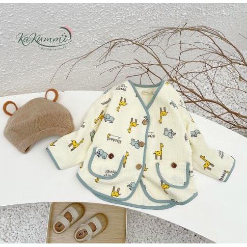 Áo khoác cardigan xô muslin 4 lớp bé trai gái 6-14kg, áo khoác cổ tim unisex trẻ em 1AK125 Kakummi
