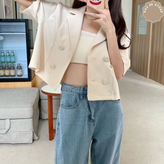 Áo Blazer Croptop Ngắn Tay Dáng Suông - Vest Màu Trơn Kèm Yếm Dáng Rộng Chất Mát  - Daube - A027 | BigBuy360 - bigbuy360.vn