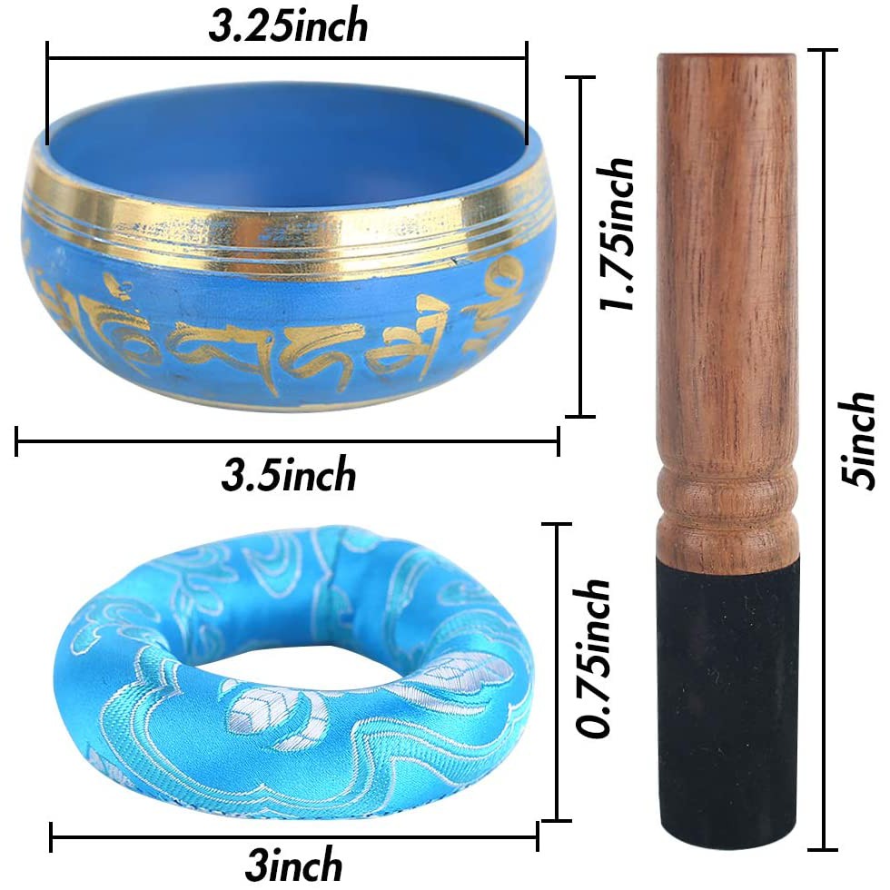 Chuông xoay thiền Tây Tạng -bát biết hát màu xanh bộ như hình chuông túi , dùi , đệm